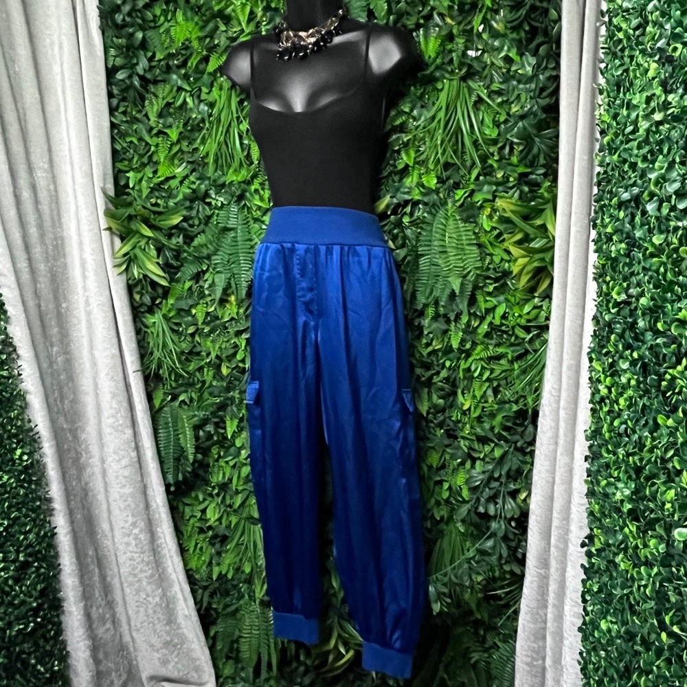 Vince‎ Camuto Pants Medium Women Blue Satin Cargo Jogger Utility 3654